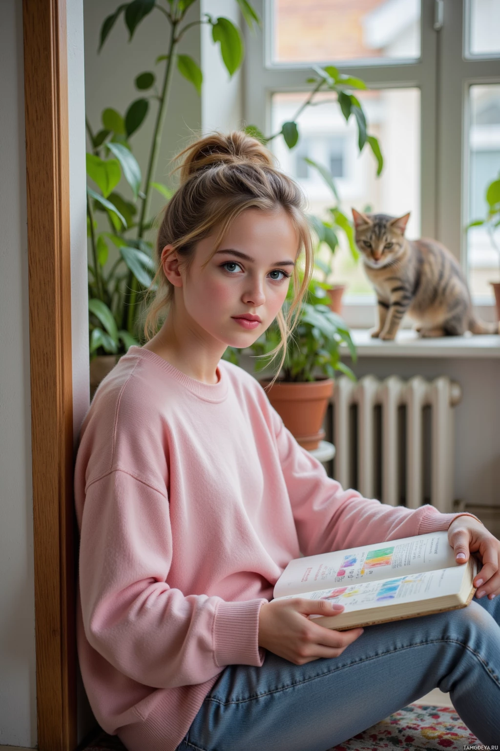 Человек в розовом худи сидит у окна с кошкой и держит в руках открытую книгу.