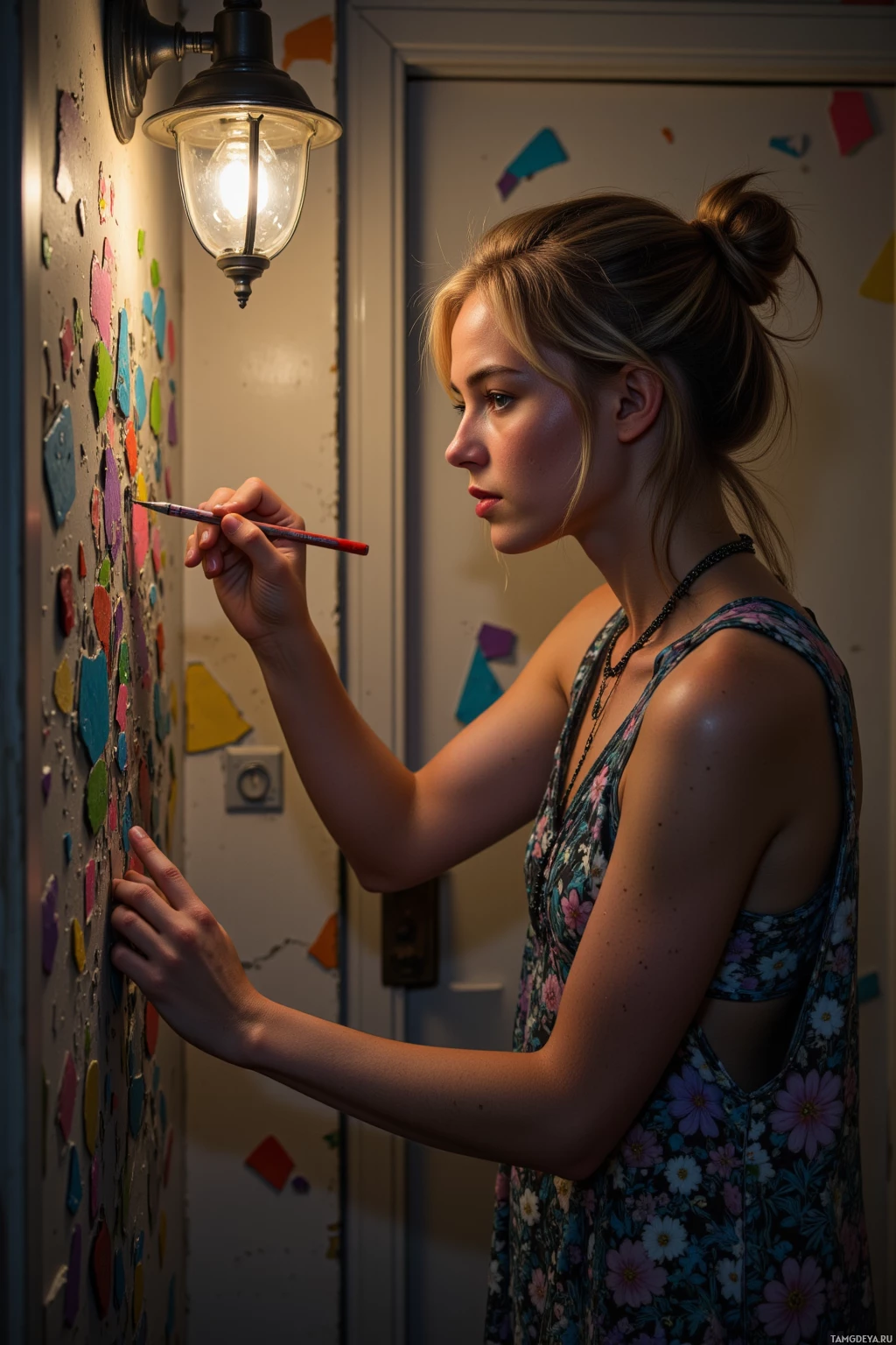 Realistic high quality photo. Woman, 26, long light brown hair in a messy bun, green eyes, wearing a flowy bohemian dress with mixed patterns, sketches colorful doodles on walls in a quiet apartment corner illuminated by a cracked streetlamp's fractured light, surrounded by scattered broken glass shards, evening low light.