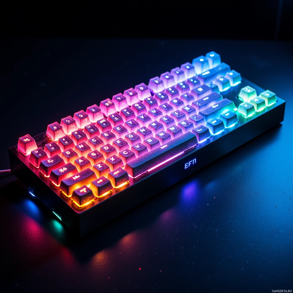 Semi-abstract image with many light, that is suitable for the post:  Prototype mechanical keyboard with translucent keycaps etched with subtle rune‑like patterns that shift colors with CPU cycles, half the keys left blank, a tiny OLED panel scrolling real‑time latency and memory usage, sleek metal chassis and dim ambient glow.