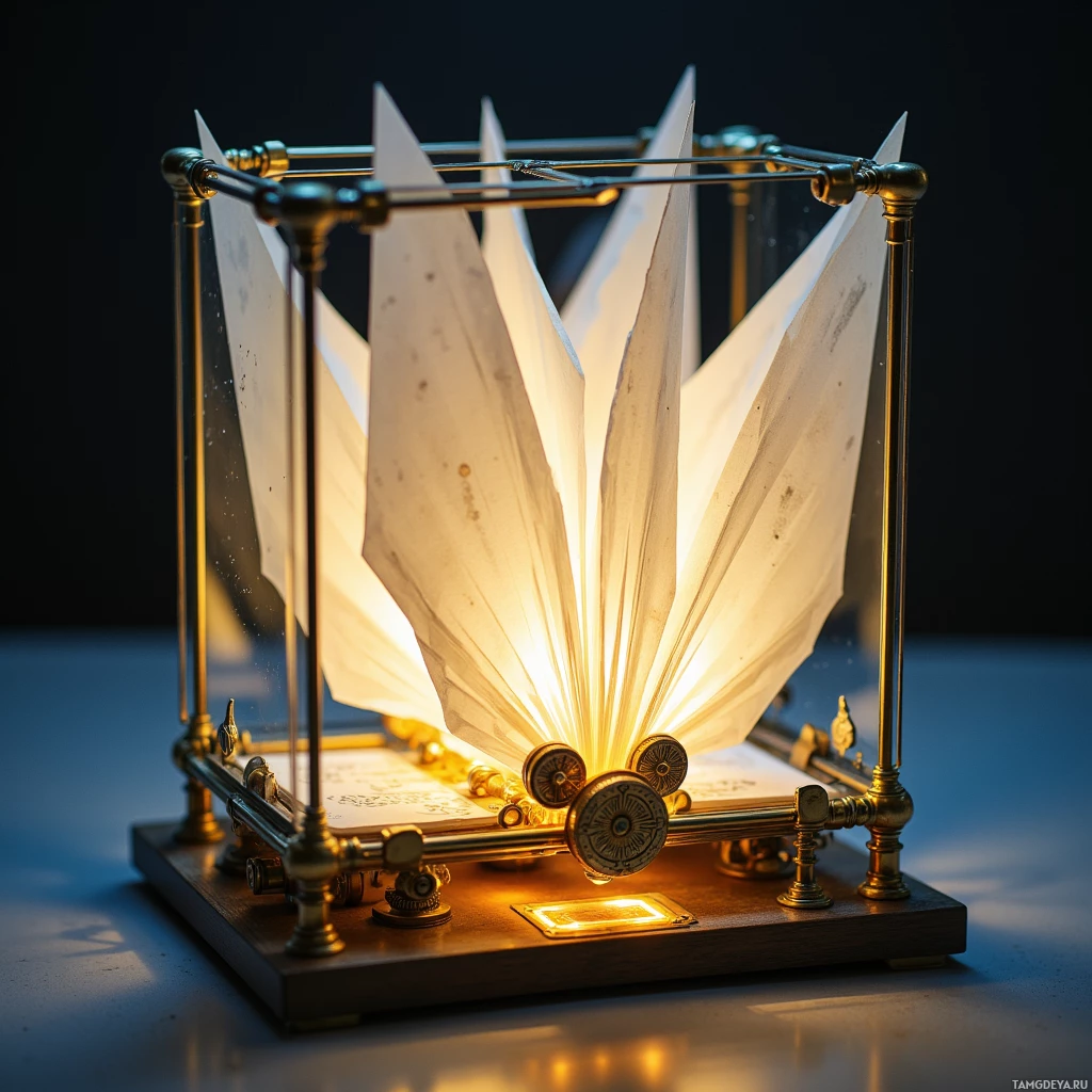 Semi-abstract image with many light, that is suitable for the post:  Compact brass-and-glass folding rig with intricate micro‑accurate gears and magnetic alignment tabs, translucent vellum sheets glowing under a built‑in LED grid, showcasing precise paper folds in soft illumination.