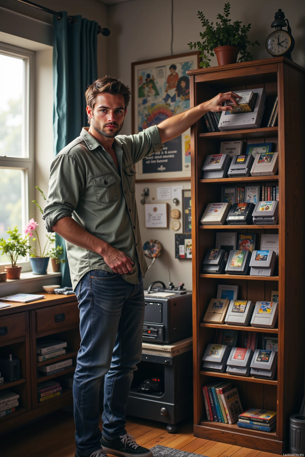 Мужчина стоит в комнате с книжным шкафом, полным игровых картриджей и книг.