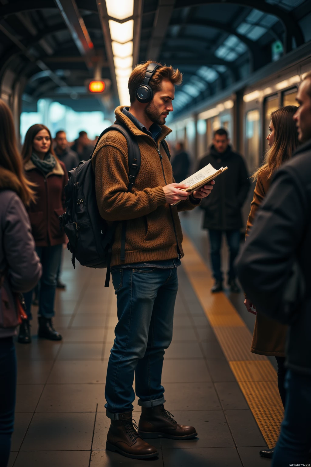 Мужчина в наушниках и с рюкзаком читает книгу на переполненной платформе метро.