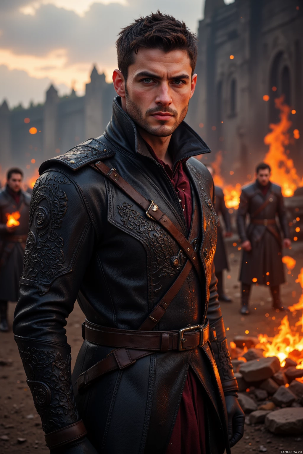 Realistic high quality photo. A 34‑year‑old dark‑haired man with piercing blue eyes, wearing a black leather jacket embossed with dragon‑scale patterns over a dark crimson tunic, standing confidently in a blazing forge at dusk, surrounded by eager troops holding scorching sigils, flames casting deep shadows that hint at the northern pass.