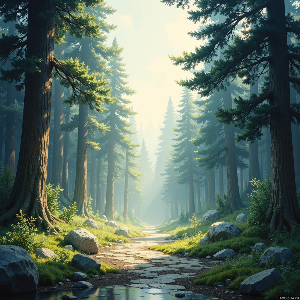 Semi-abstract image with many empty light space at center of beautiful background, that is suitable for the post:  In the silence of the cedar forest, I hear the covenant of stone, promising strength without hunger.