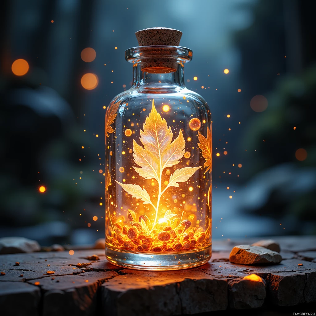 Semi-abstract image with many light, that is suitable for the post:  Translucent crystal vial with a soft amber glow, etched shifting runes, a silver leaf inside emitting a slow shimmering breath, with swirling colors like a tapestry of light.