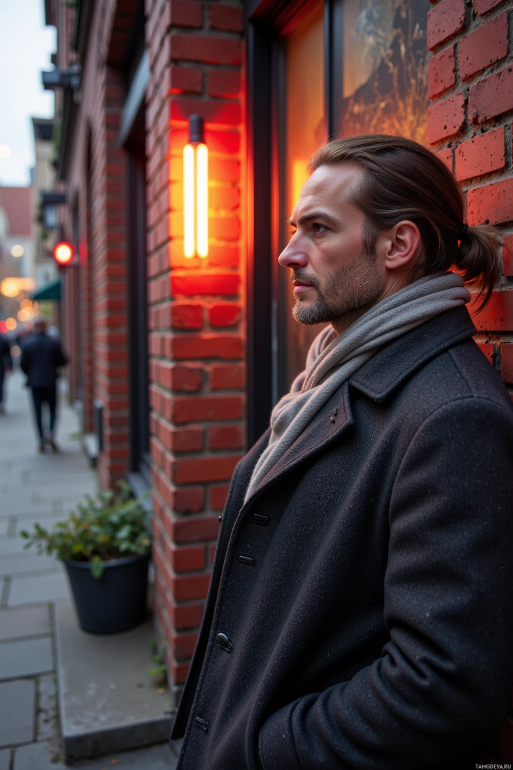 Realistic high quality photo. 50‑year‑old man with light brown long hair tied back, blue eyes, wearing a tweed coat and soft scarf, standing outside his studio tracing a flickering neon glow on an old brick wall in mid‑afternoon light, city background with shifting silhouettes.
