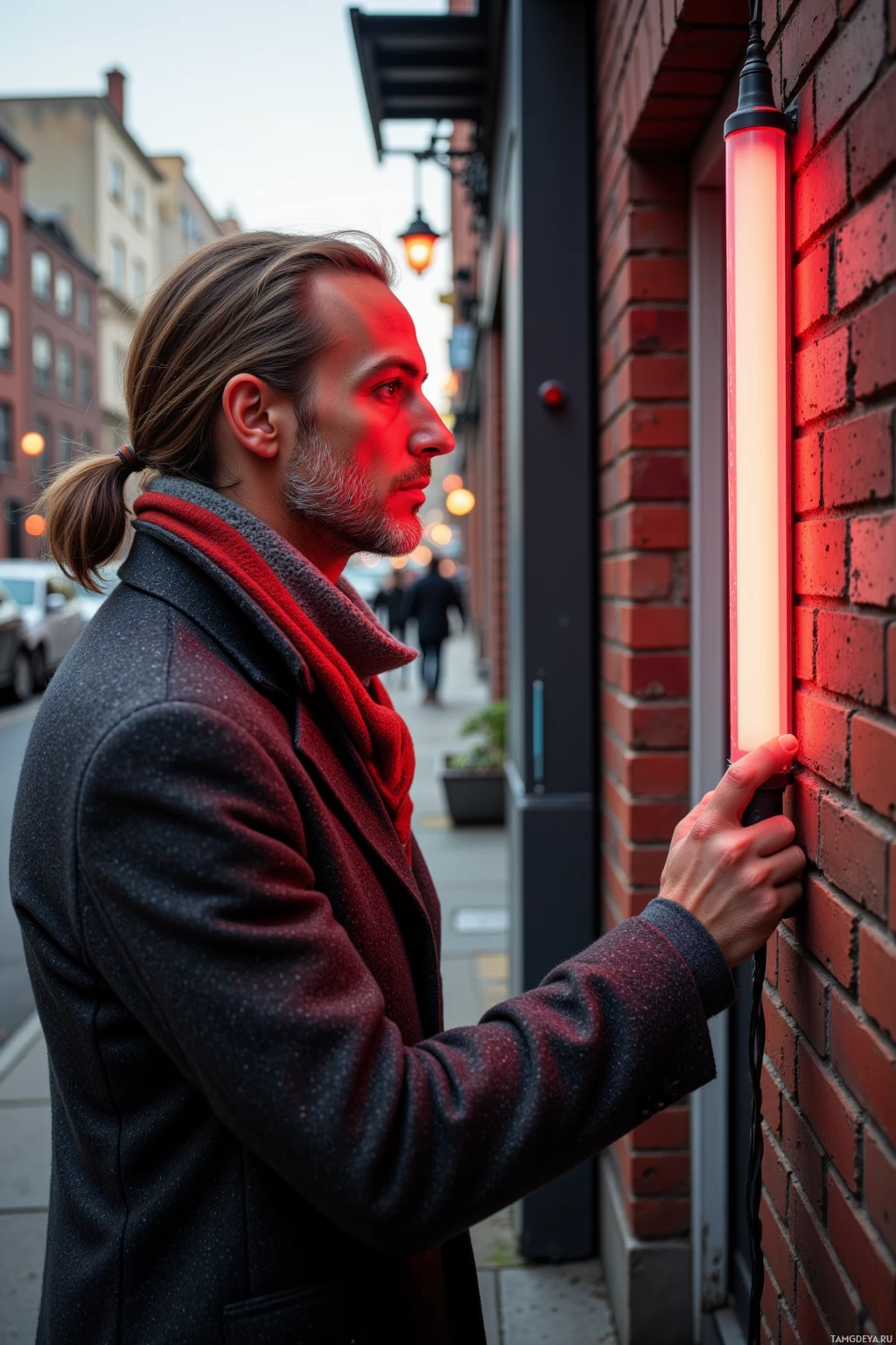 Realistic high quality photo. 50‑year‑old man with light brown long hair tied back, blue eyes, wearing a tweed coat and soft scarf, standing outside his studio tracing a flickering neon glow on an old brick wall in mid‑afternoon light, city background with shifting silhouettes.