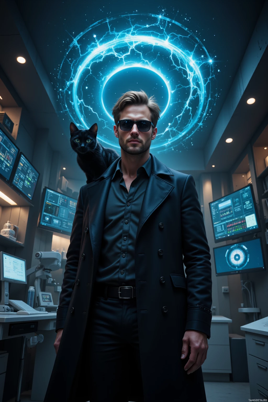 Realistic high quality photo. Tall male, 31, short light brown hair, piercing blue eyes, focused expression, wearing a sleek black trench coat and dark sunglasses, standing in a sterile dimly lit laboratory with swirling holographic data streams resembling constellations, a sleek black cat with silver eyes perched beside him, the room humming with diagnostic monitors and subtle ambient lighting.