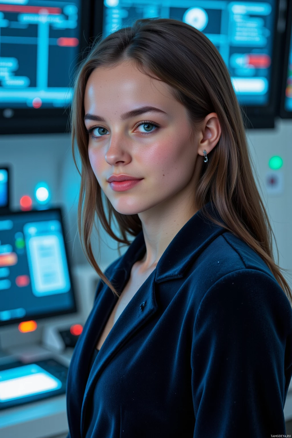 Realistic high quality photo. Female 32‑year‑old scientist with long dark hair, blue eyes and fair skin in a sleek dark velvet lab coat with subtle jewelry, standing amid glowing holographic quantum compiler screens looping error logs while wearing a futuristic wearable that visually syncs her pulse to a hovering coffee machine thermostat, smiling with an analytical expression in a high‑tech research laboratory.