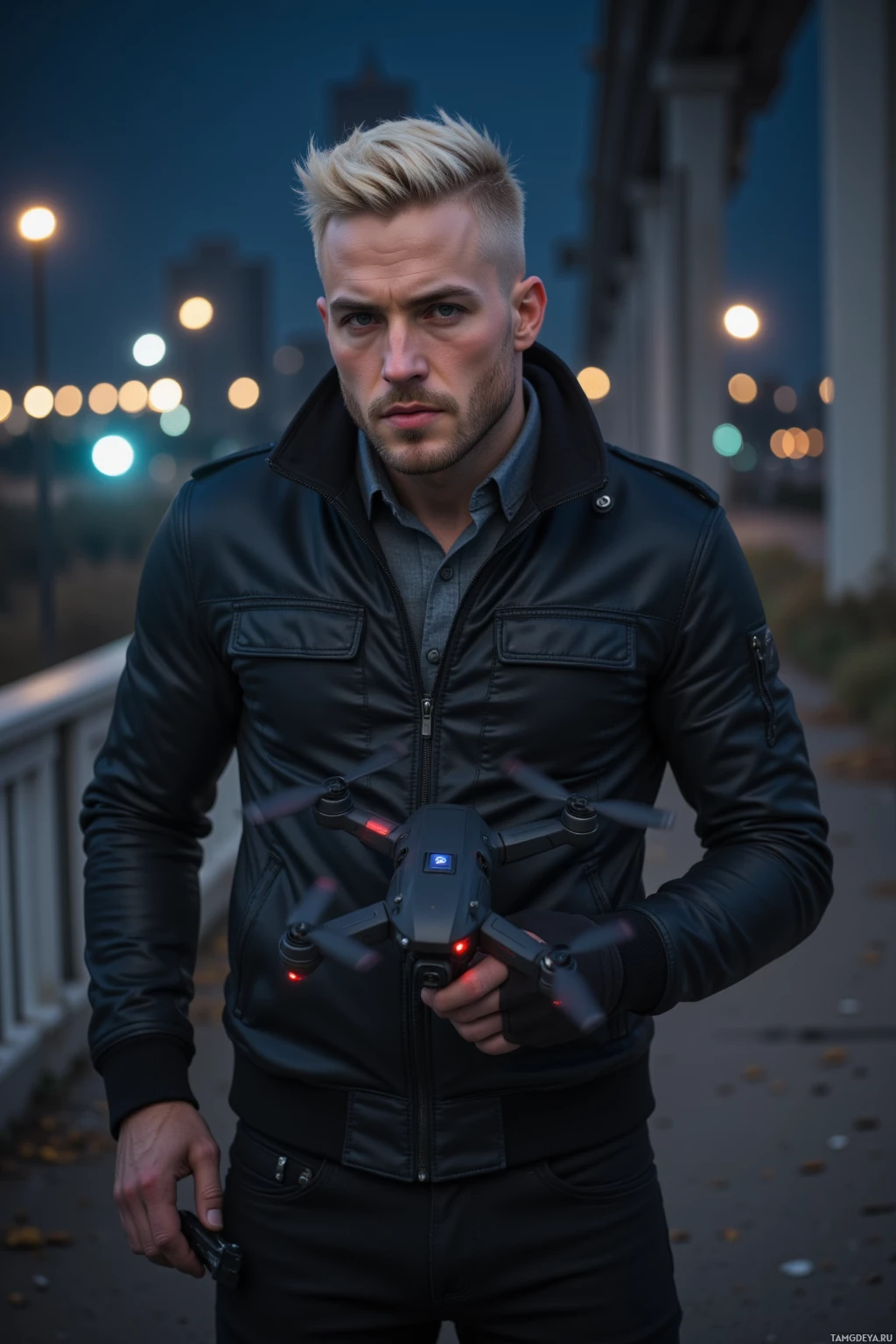 Realistic high quality photo. A 33‑year‑old man with pale skin, shaved blonde head, piercing blue eyes, wearing a fitted black bomber jacket and slim black pants, standing on an abandoned bridge at night, holding a small drone that dances along the railings as city lights flicker faintly behind him, wind blowing, tension and thrill captured in his stance.