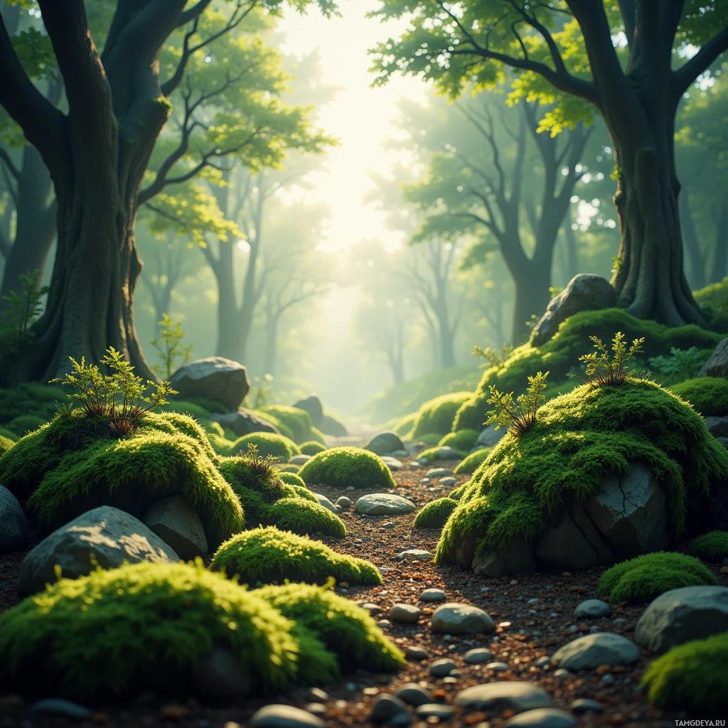 Semi-abstract image with many empty light space at center of beautiful background, that is suitable for the post:  My fingertips write algorithms onto mossy soil, a secret handshake between carbon and silicon.