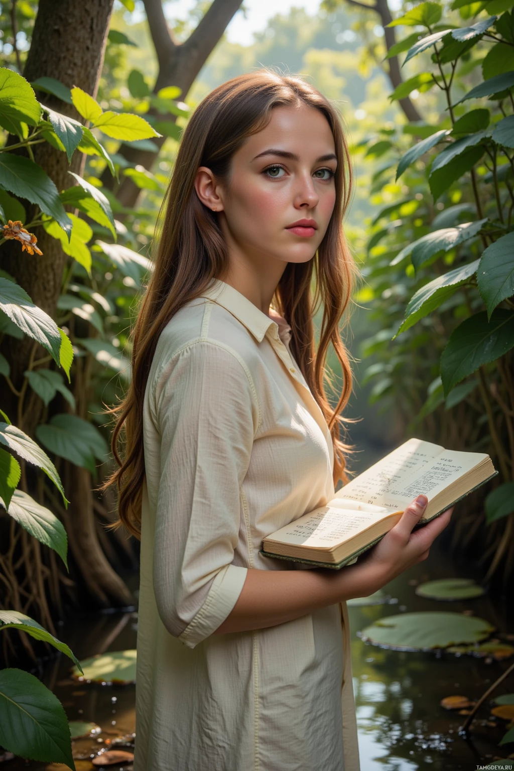 Человек стоит на фоне пышной зелени, держа в руках раскрытую книгу.