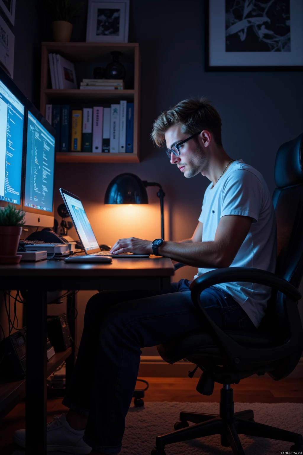 Realistic high quality photo. A 25‑year‑old man with short light brown hair, bright blue eyes, sharp glasses, a white T‑shirt, dark jeans, and sneakers sits at a desk in a dimly lit home office at night, intently typing on a laptop with an amber screen glow illuminating his focused face, surrounded by neatly stacked code books and a small potted plant.