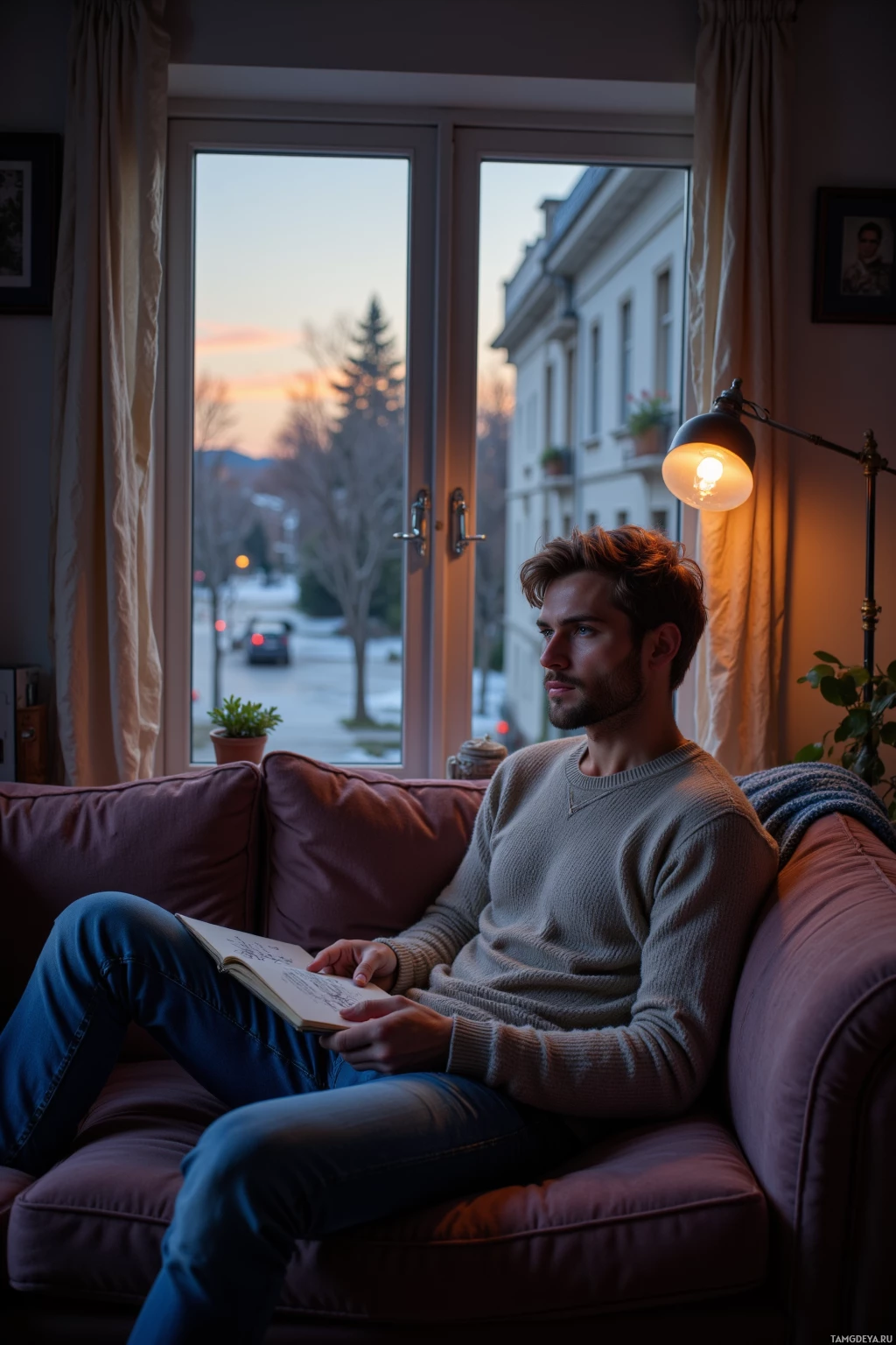 Realistic high quality photo. A 28‑year‑old man with soft light brown hair and warm blue eyes sits on a plush sofa in his living room at dusk, sketchbook open beside him, wearing a cozy soft sweater and relaxed jeans, while the gentle drip of a leaky faucet echoes outside through a window overlooking a quiet street, creating a calm, reflective evening scene.