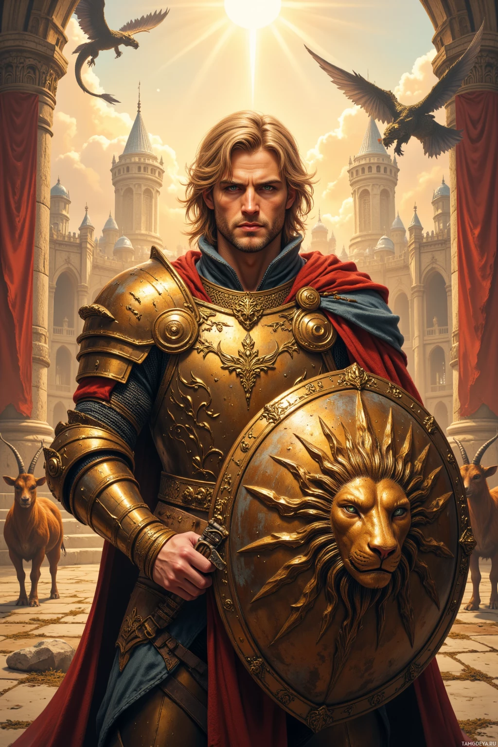 Realistic high quality photo. Male, 40, tall, broad-shouldered, golden blonde hair, piercing blue eyes, dignified face with a strong jawline, wearing intricately designed golden armor with a lion emblem, straight posture, polishing a gleaming lion‑emblazoned shield in a radiant castle courtyard at dawn, dragons circling above, wounded‑horned goats grazing nearby, banners fluttering, reflecting the kingdom's regal glow.