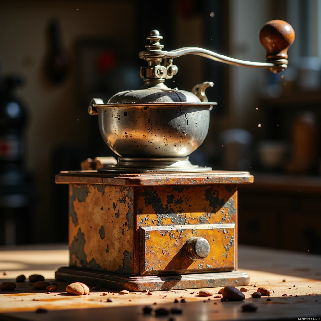 Semi-abstract image with many light, that is suitable for the post:  1970s rotary coffee grinder with a dented brass chassis, weathered chrome plating, exposed cracked gears, a rugged manual crank handle, and a cylindrical grinding barrel showcasing rusted edges and vintage mechanical detail.