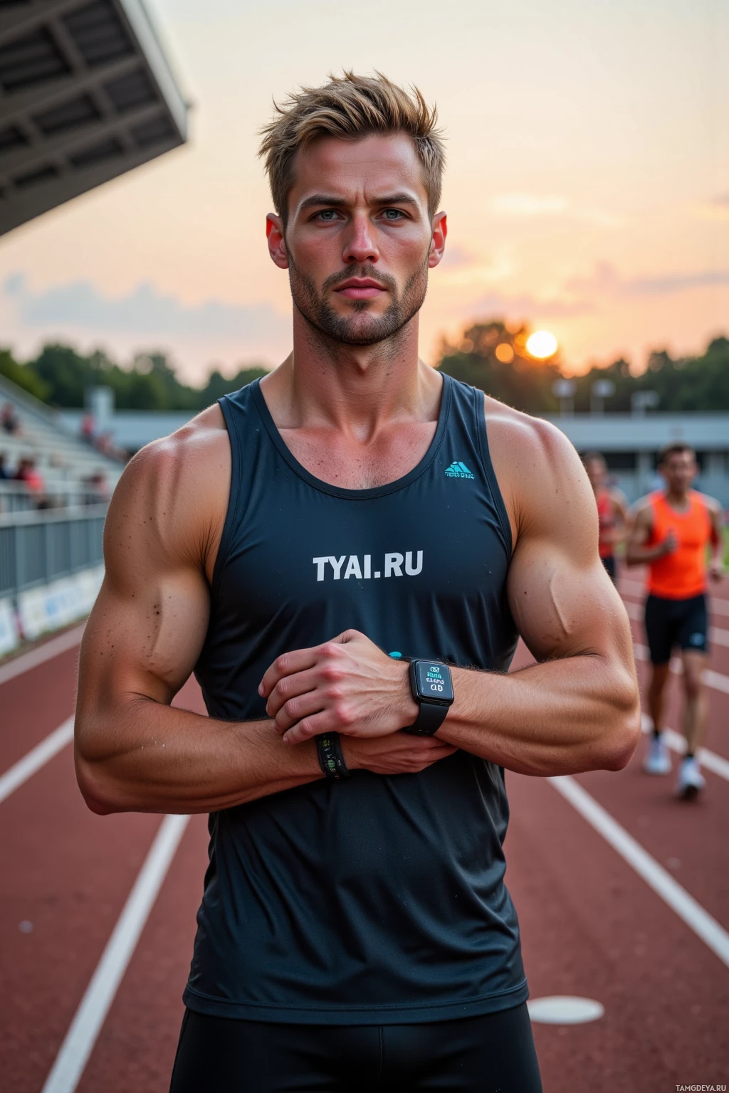 Realistic high quality photo. Tall muscular male, 28, short blonde hair, piercing blue eyes, fair skin, wearing a form‑fitting sports jersey and shorts, standing beside an outdoor track finish line after a sunset run, sweat on his brow clutching a smartwatch showing real‑time pace data, surrounded by fellow runners in bright apparel, exuding focused determination.