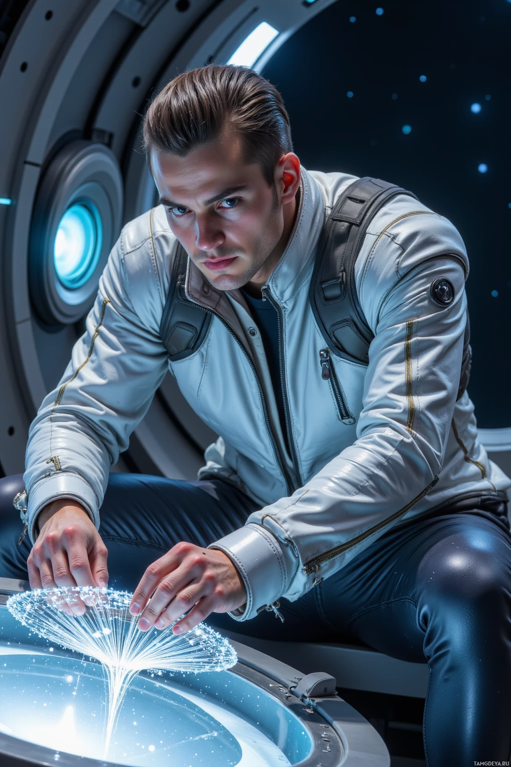 Realistic high quality photo. 29‑year‑old male with slicked‑back light brown hair, pale blue eyes, wearing a streamlined silver jacket with metallic accents and sleek dark pants, aligning a nano‑fiber lattice on a clear orbital deck at night, stars visible through the viewport, a quantum bus humming softly in the background.