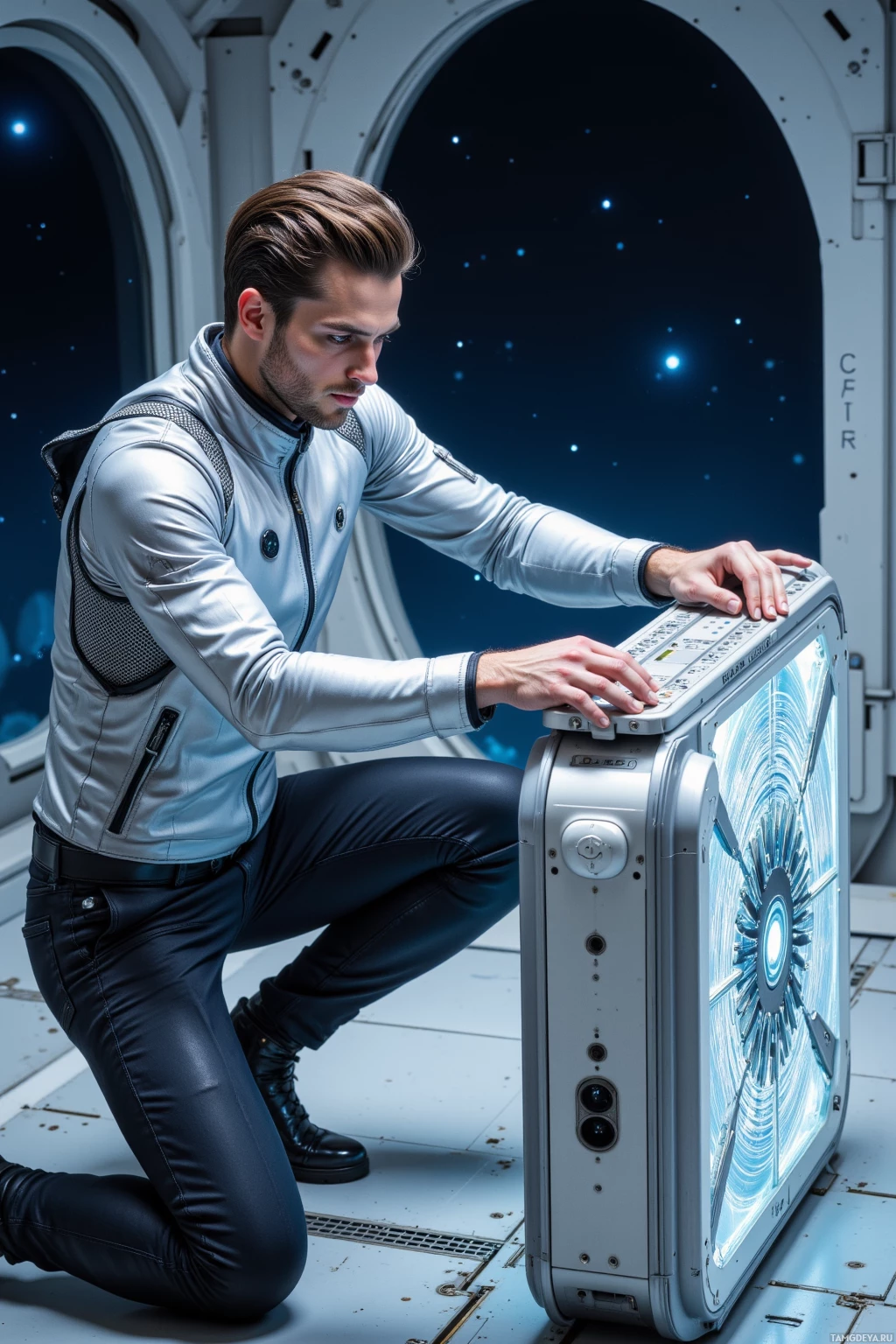 Realistic high quality photo. 29‑year‑old male with slicked‑back light brown hair, pale blue eyes, wearing a streamlined silver jacket with metallic accents and sleek dark pants, aligning a nano‑fiber lattice on a clear orbital deck at night, stars visible through the viewport, a quantum bus humming softly in the background.