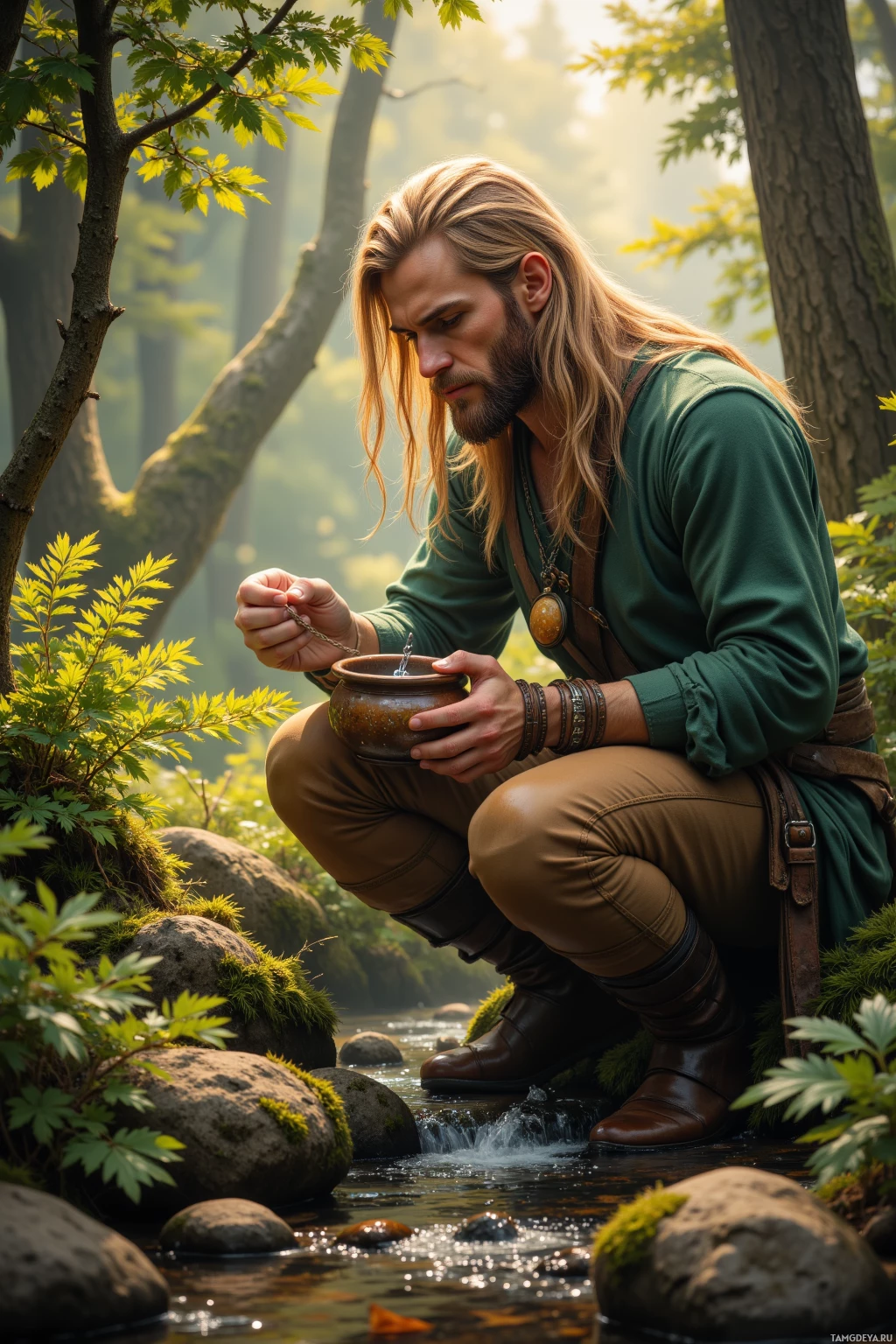 Realistic high quality photo. A patient male herbalist with long blonde hair and blue almond‑shaped eyes, wearing a green tunic, brown pants, wooden bracelets and a polished stone pendant, gently inspecting dew‑coated cedar leaves beside a quiet forest stream at sunrise, holding a small wooden pot and a spinning compass, surrounded by mist and soft golden dawn light.
