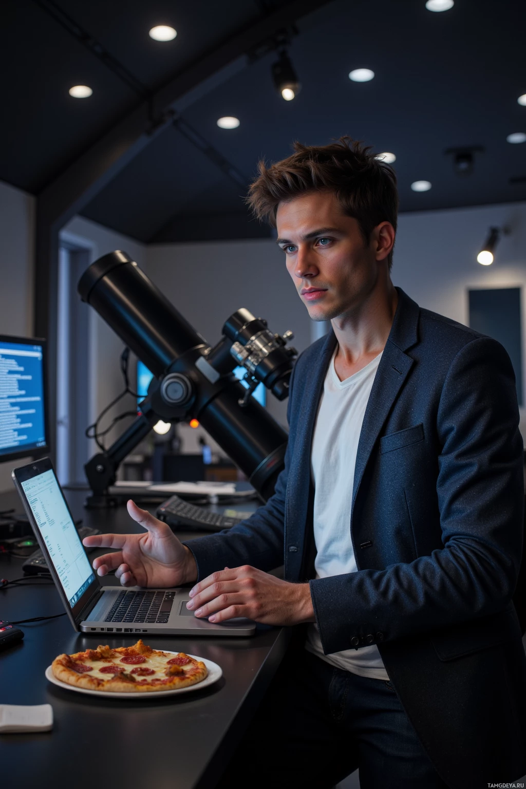Realistic high quality photo. Male astronomer, 32, lean build, messy dark hair, bright blue eyes, neutral expression, wearing a casual blazer over a t-shirt and jeans, fine‑tuning a telescope mount in an observatory control room at night, laptop open with email notifications scrolling on the screen, a plate of pizza.