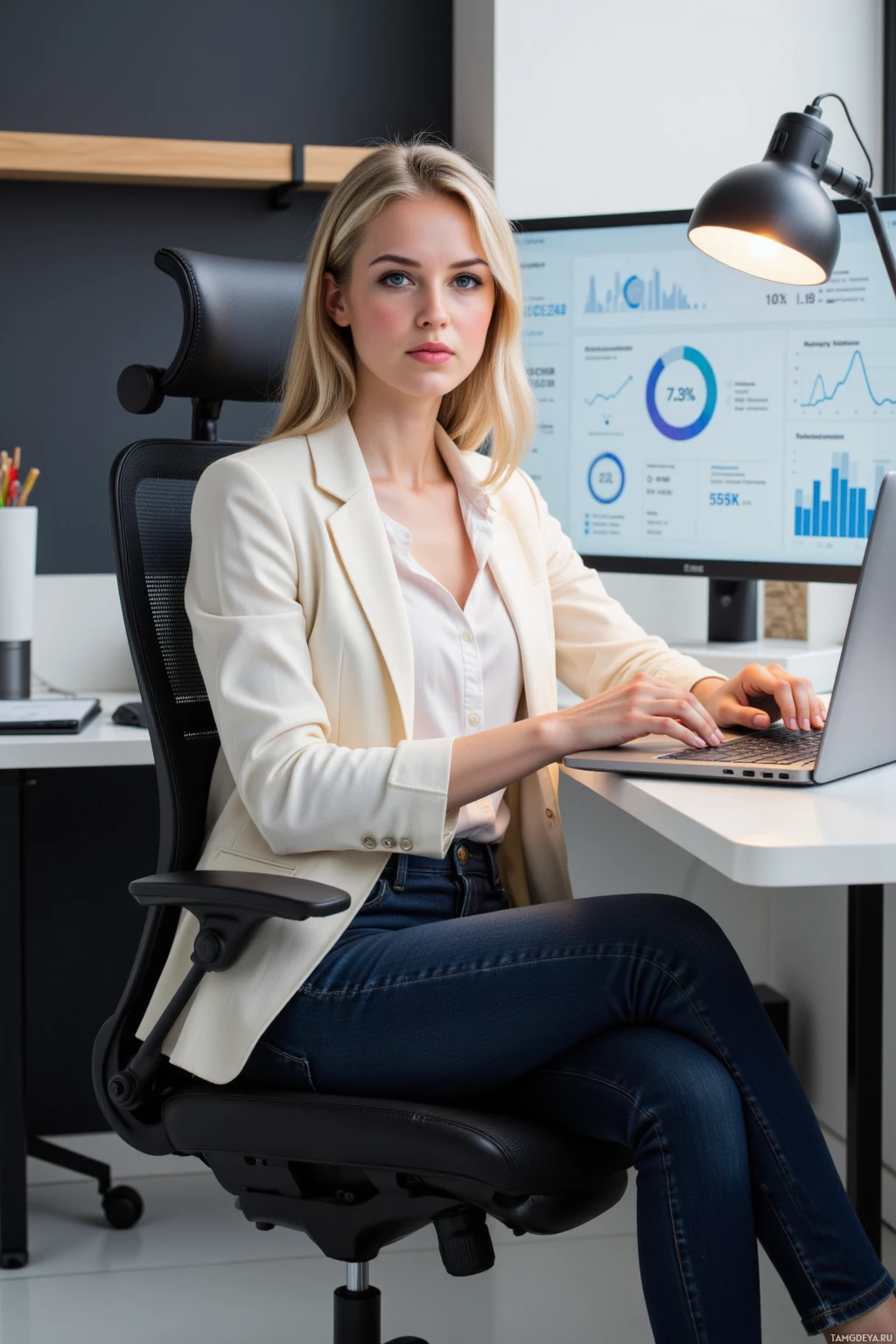 Realistic high quality photo. blonde woman with sleek hair, blue eyes and fair skin in a crisp white blouse, fitted blazer, tailored jeans, confidently seated on an ergonomic chair that looks like a therapist, adjusting the angle of her laptop keyboard at a modern office desk while an AI dashboard displays UX metrics and a bright desk lamp illuminates the workspace, daytime lighting.