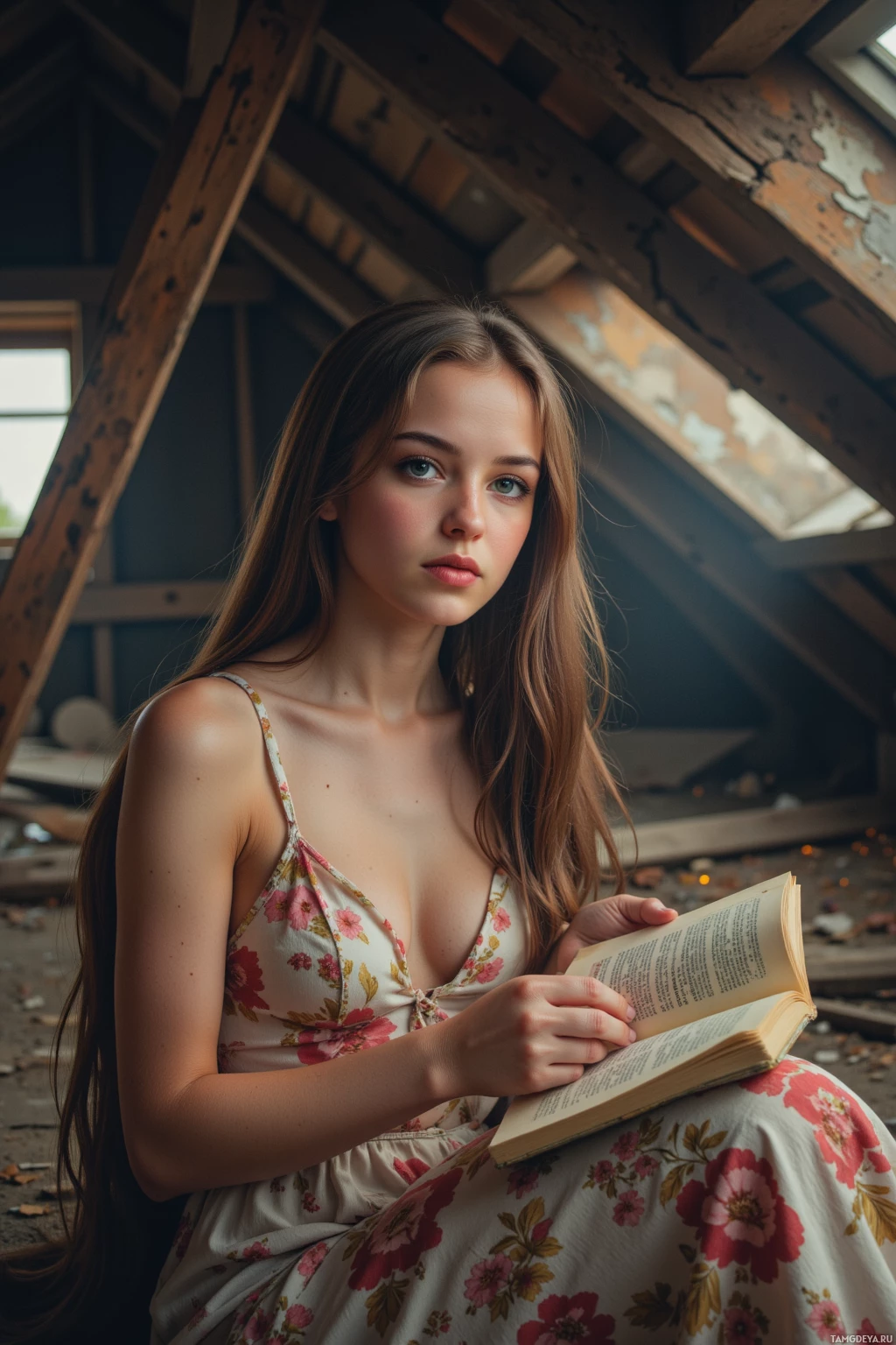 В цветочном платье сидит человек и читает раскрытую книгу, расположившись на старинной деревянной конструкции с мансардными окнами.