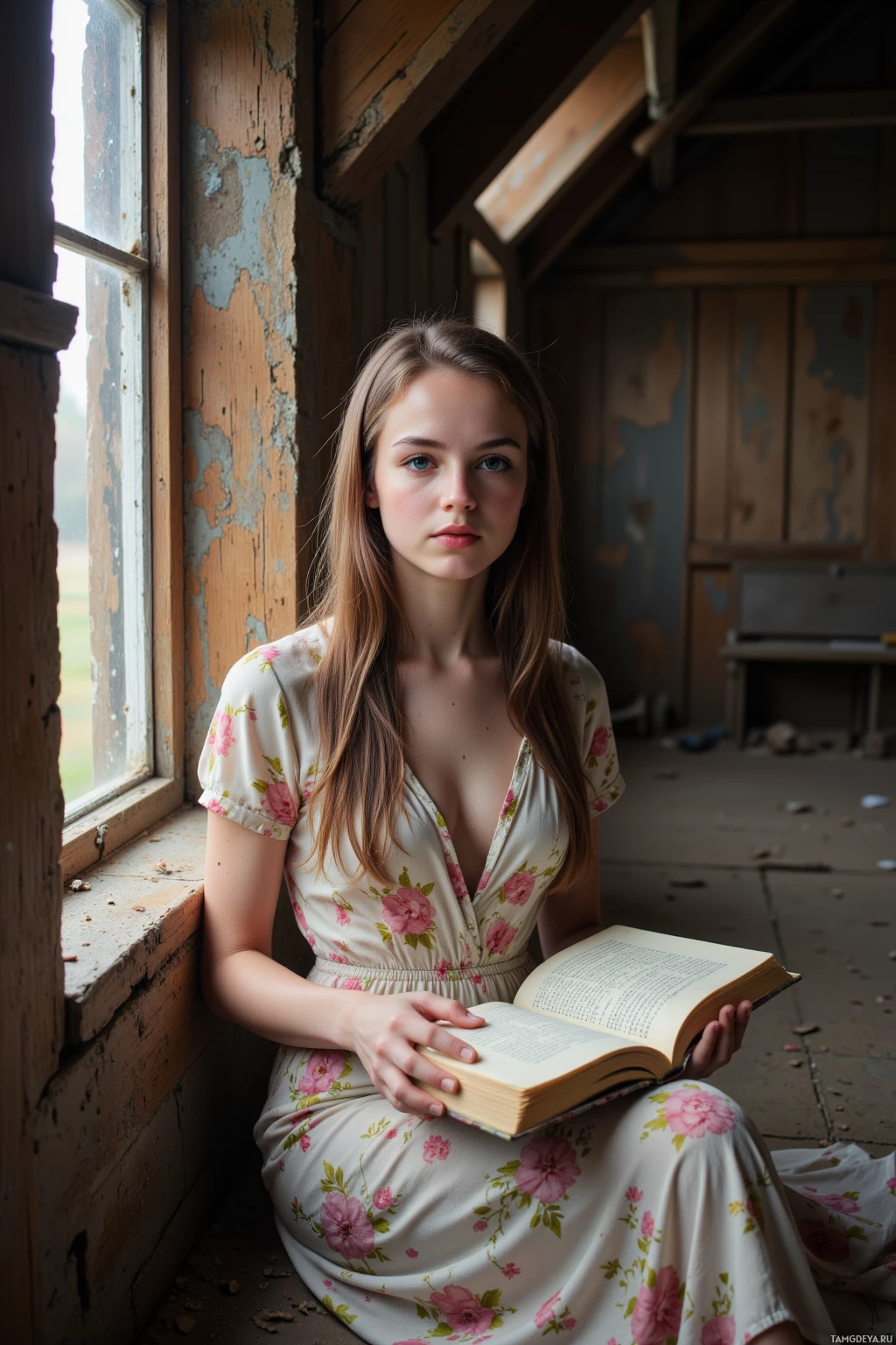 Молодая женщина в цветочном платье сидит у окна с открытой книгой.