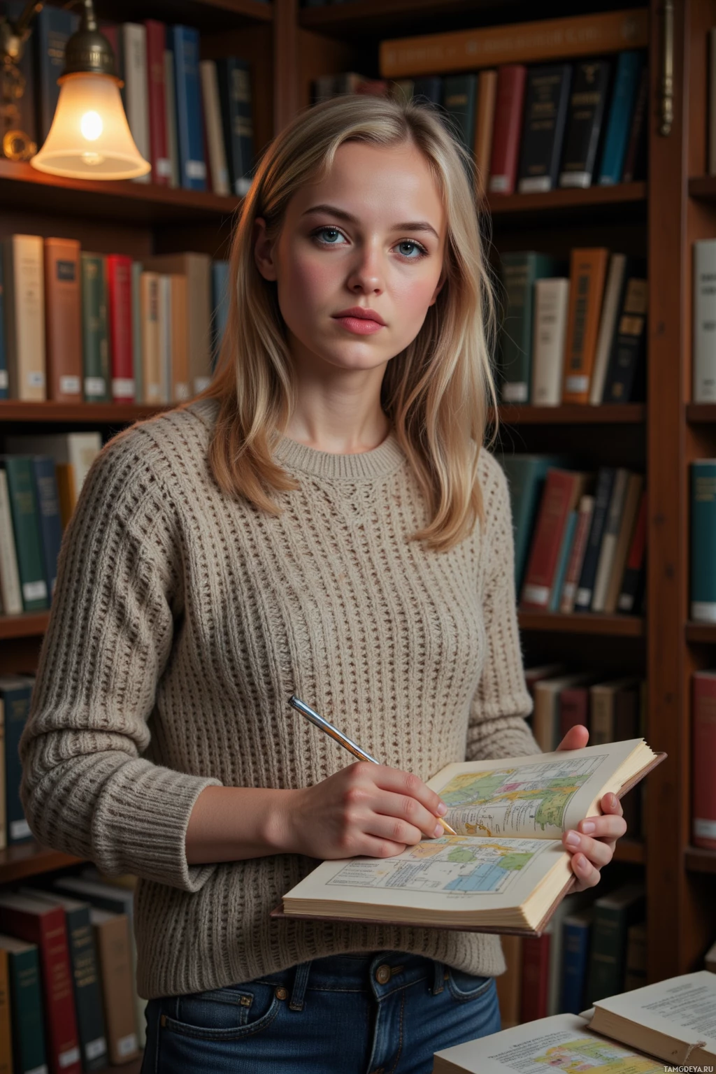 Человек в уютном свитере держит открытую книгу и пишет ручкой в библиотеке.
