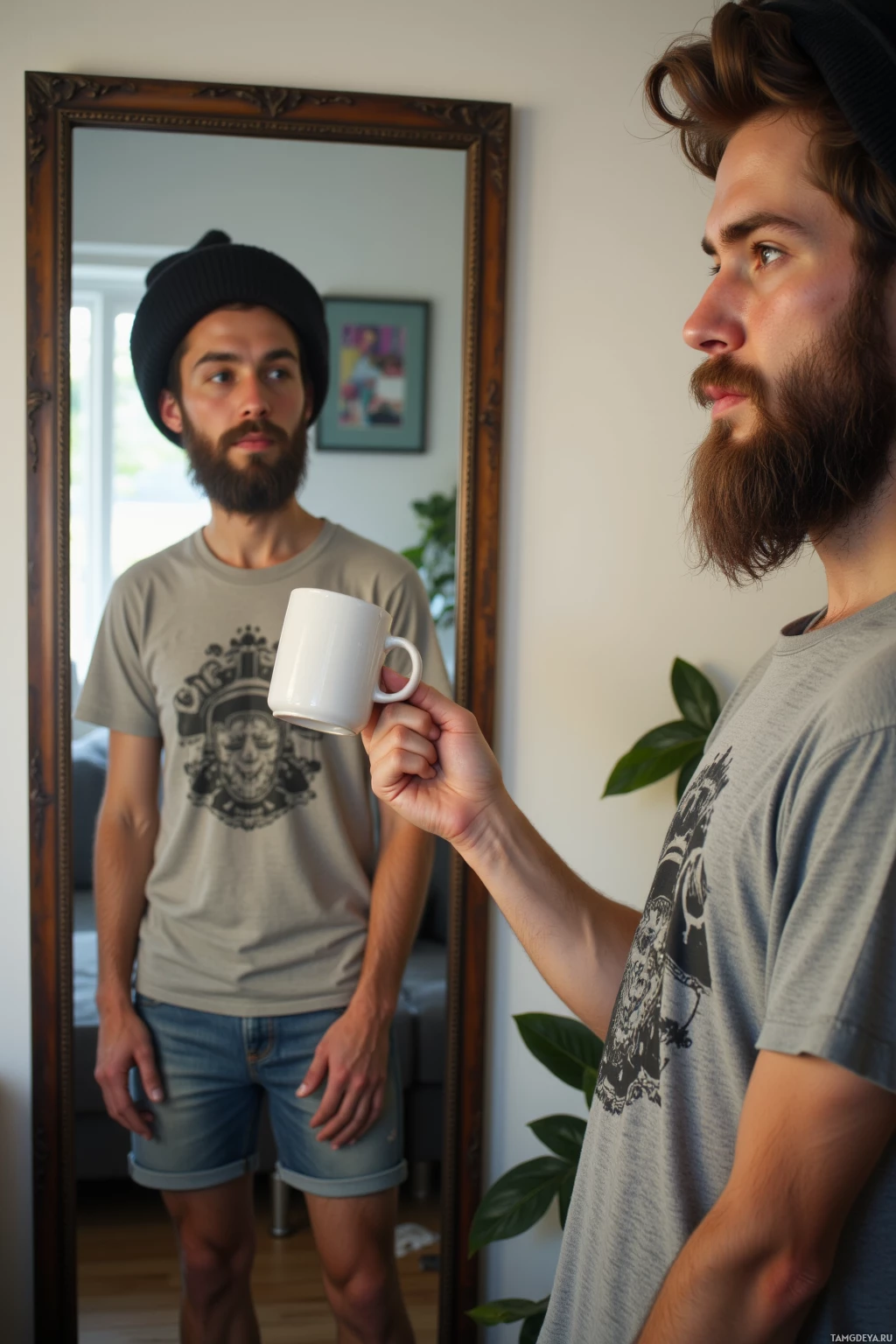 Realistic high quality photo. A 31‑year‑old scruffy man with messy brown hair, blue eyes, a crooked smile in a casual graphic tee and beanie, standing in a small modern living room holding an upside‑down coffee mug levitating above a couch while gazing at his own reflection in a large wall mirror, morning light filtering through the window, relaxed yet sarcastic expression.