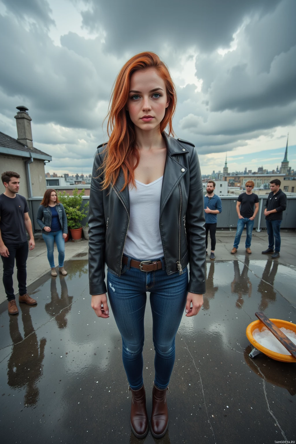 Realistic high quality photo. A 27‑year‑old woman with long fiery red hair and green eyes, wearing a black leather jacket over a white tank top, dark brown boots, and jeans, stands confidently on a rooftop workshop amid chaotic storm clouds that splash rain across the surface, flipping puddles into new ideas while her crew watches in modern realism.