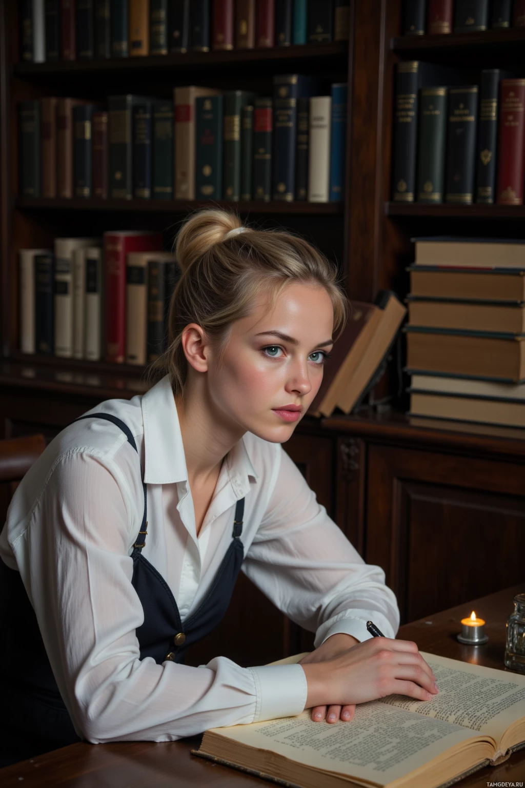 Realistic high quality photo. A woman with blonde bun and bright blue eyes in a crisp white blouse and dark tailored pants sits at a wooden desk at night, surrounded by stacks of unseen manuscripts arranged like a quiet forest, tracing their edges, while a fresh manuscript glows under the desk like a distant star and a notebook beside a quill emits steady lantern light.