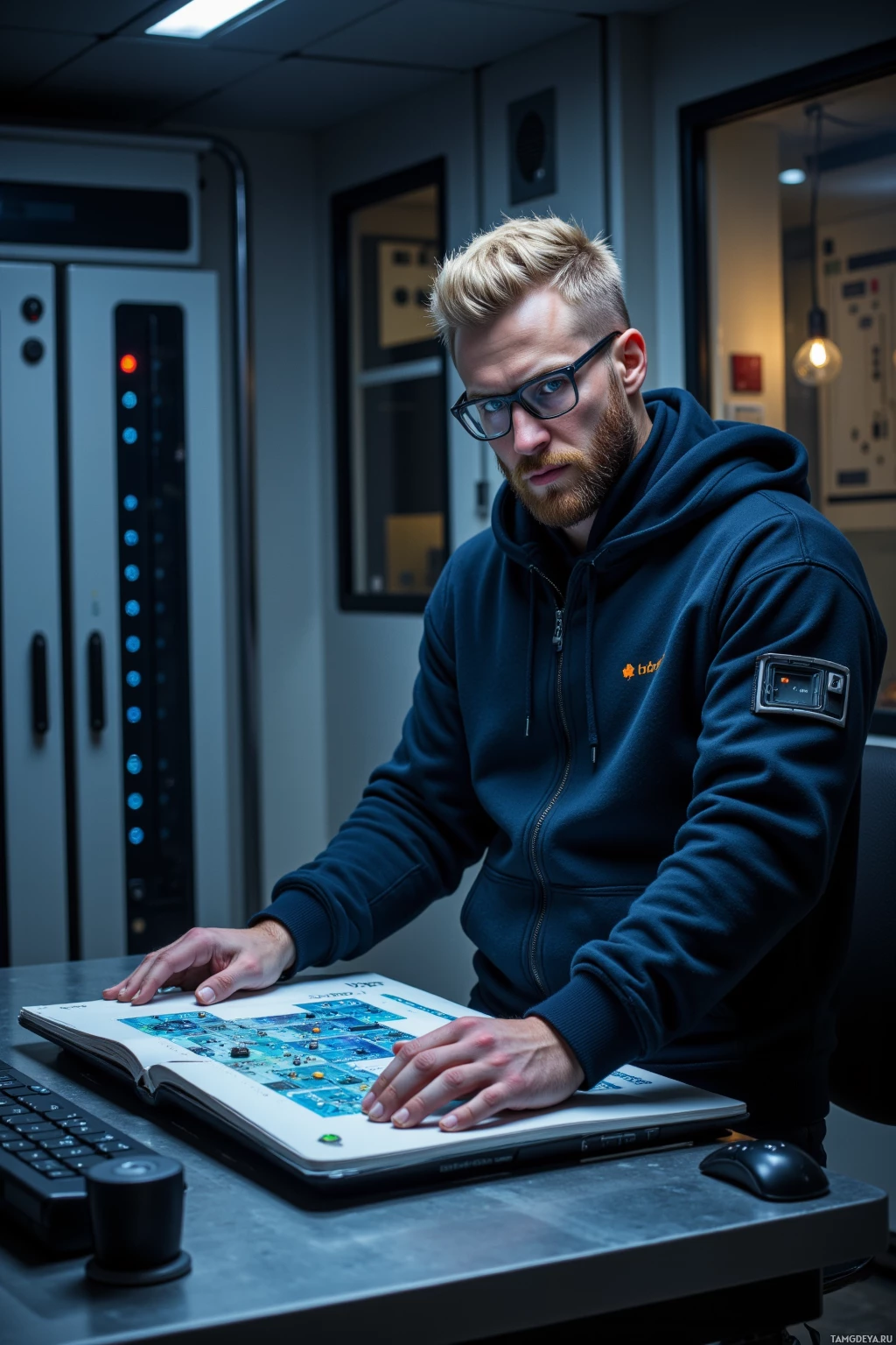Realistic high quality photo. Male, 30, short blonde hair, neatly trimmed beard, piercing blue eyes, pale skin, wearing a sleek dark hoodie with subtle tech patterns and minimalist glasses, standing at a polished metal desk in a quiet starship server farm at midnight, surrounded by humming server racks, binary code prints on the walls, a half‑finished quantum key distribution model on the desk, intently studying a glowing logic gate panel.