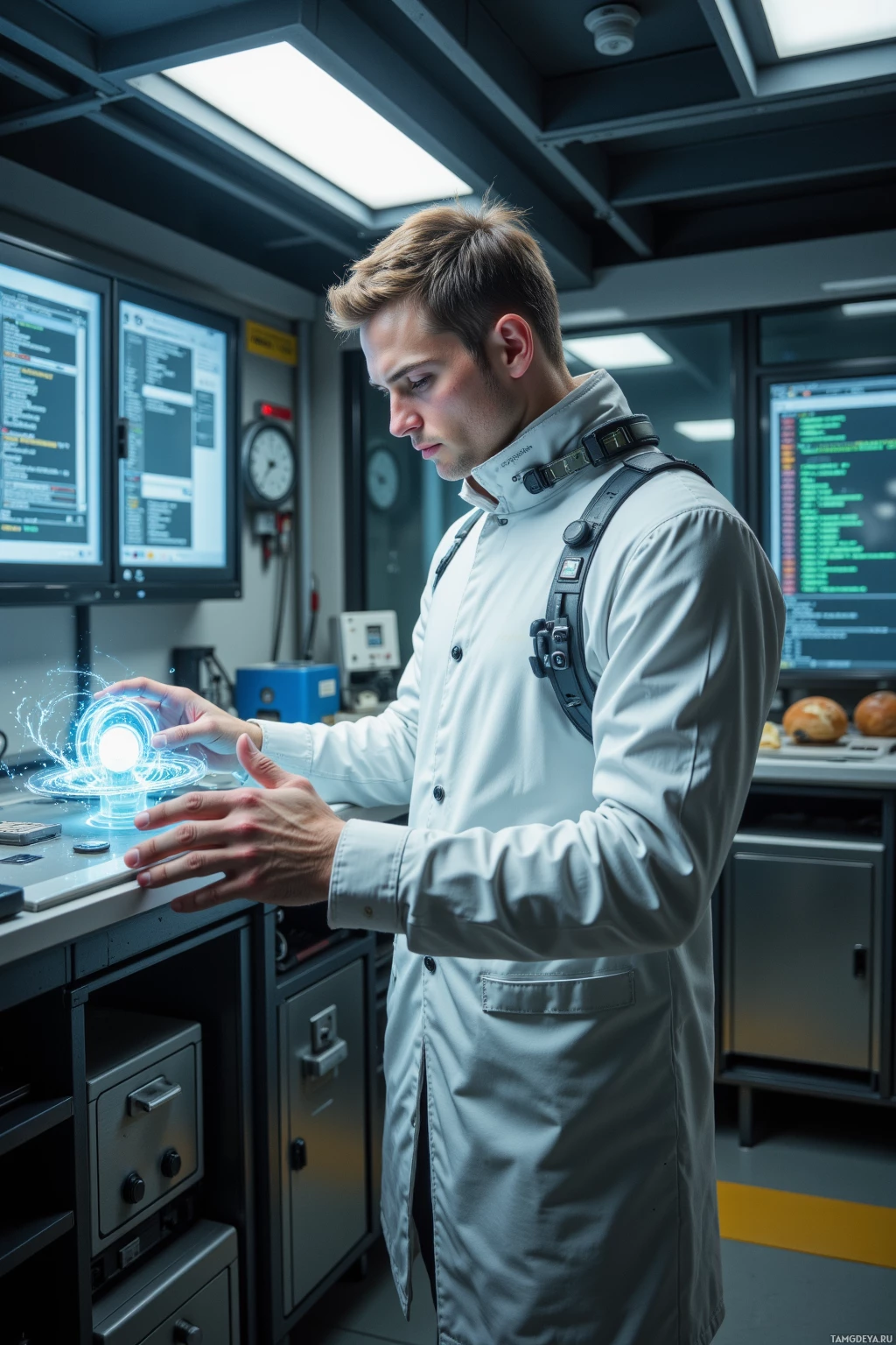 Realistic high quality photo. A 30‑year‑old male with short light brown hair and green eyes, wearing a white high‑collar coat with integrated digital panels and slim grey trousers, stands in a quiet sci‑fi lab surrounded by humming ambient generators, watching a toaster pop bread while his hands hover over a holographic screen displaying lines of empathy engine v3.2 code, calm yet deeply analytical.