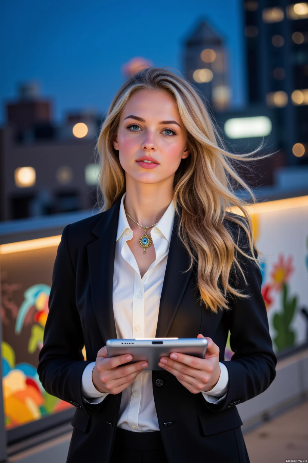 Realistic high quality photo. A stylish 31‑year‑old woman with long blonde curls and bright blue eyes, wearing a fitted blazer over a crisp white blouse, tailored dark trousers, and a bold statement necklace, standing on a rooftop at night with wind tousling her hair as she sketches a storyboard on a glass tablet, with towering urban architecture and a colorful street mural in the background.