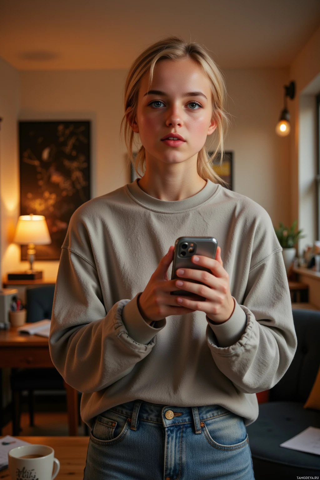 Realistic high quality photo. 19-year-old woman with tousled blonde hair and bright blue eyes in an oversized sweatshirt and relaxed jeans stands amid a cluttered apartment lit by soft amber glow, delivering an exaggerated comedic monologue about lost Wi‑Fi while holding her phone to record, laughing loudly at a glitch, surrounded by a coffee mug, laptop, and scattered notes.