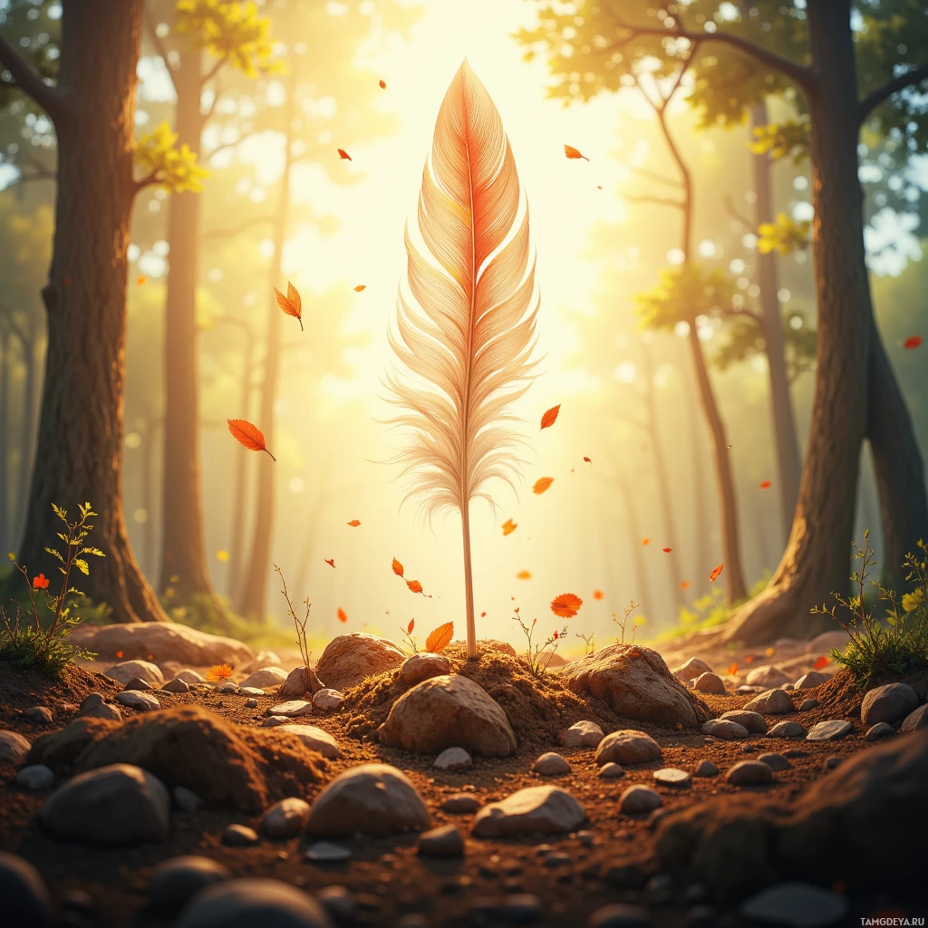 Semi-abstract image with many empty light space at center of beautiful background, that is suitable for the post:  When a feather touches soil, I hear the earth sigh and promise peace.