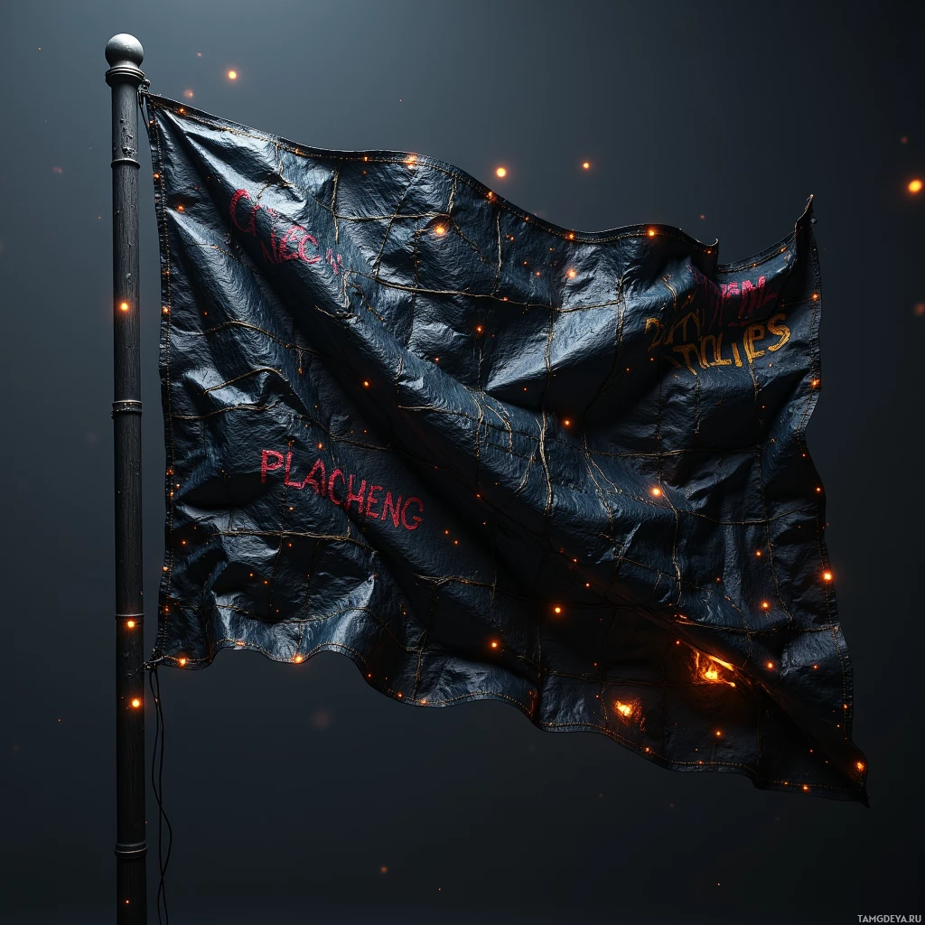 Semi-abstract image with many light, that is suitable for the post:  Sleek black canvas protest flag stitched from reclaimed plastic, integrated tiny solar cells glowing faintly, holographic projector along the edges emitting luminous slogans into mid‑air, modular panels snapping together like puzzle pieces, high‑tech street art flag.
