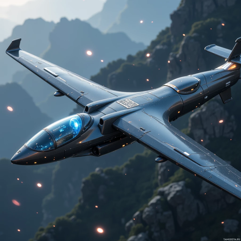 Semi-abstract image with many light, that is suitable for the post:  Foldable personal glider, carbon fiber frame, lightweight, integrated solar panel, transparent wing canopy, small HUD display embedded in the frame, sleek aerodynamic lines, matte black and silver finish with subtle blue LED accents.