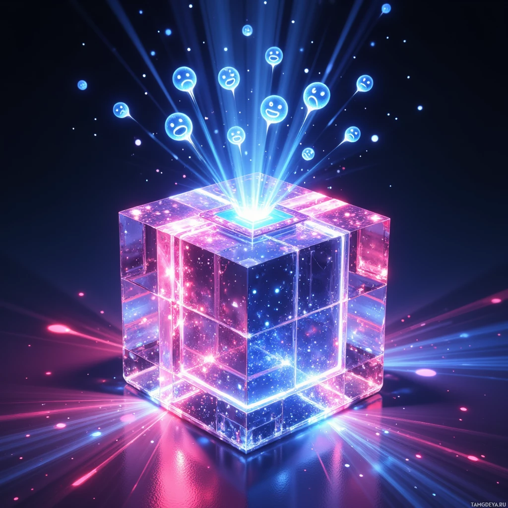 Semi-abstract image with many light, that is suitable for the post:  Sleek crystal cube with faceted glass surface, embedded RGB LED strips glowing in shifting neon hues, a tiny recessed touch screen on one face, and subtle holographic projection of swirling emoticons emerging from its center