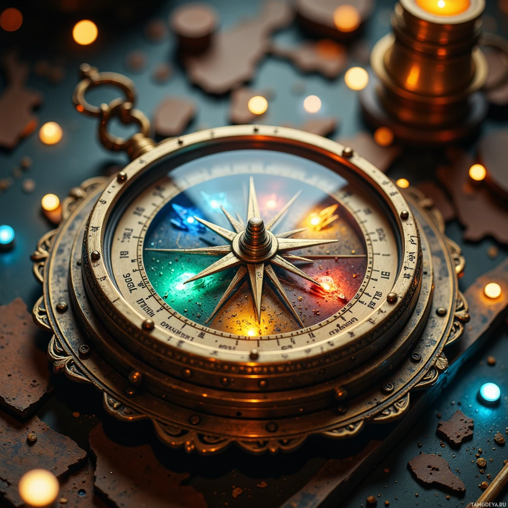Semi-abstract image with many light, that is suitable for the post:  tiny brass-encased compass with a shimmering glass case, faint etched map of a kitchen on its surface, directional LED lights each a different hue, a tiny speaker opening, and a secure chip inside, all wrapped in intricate brass filigree.