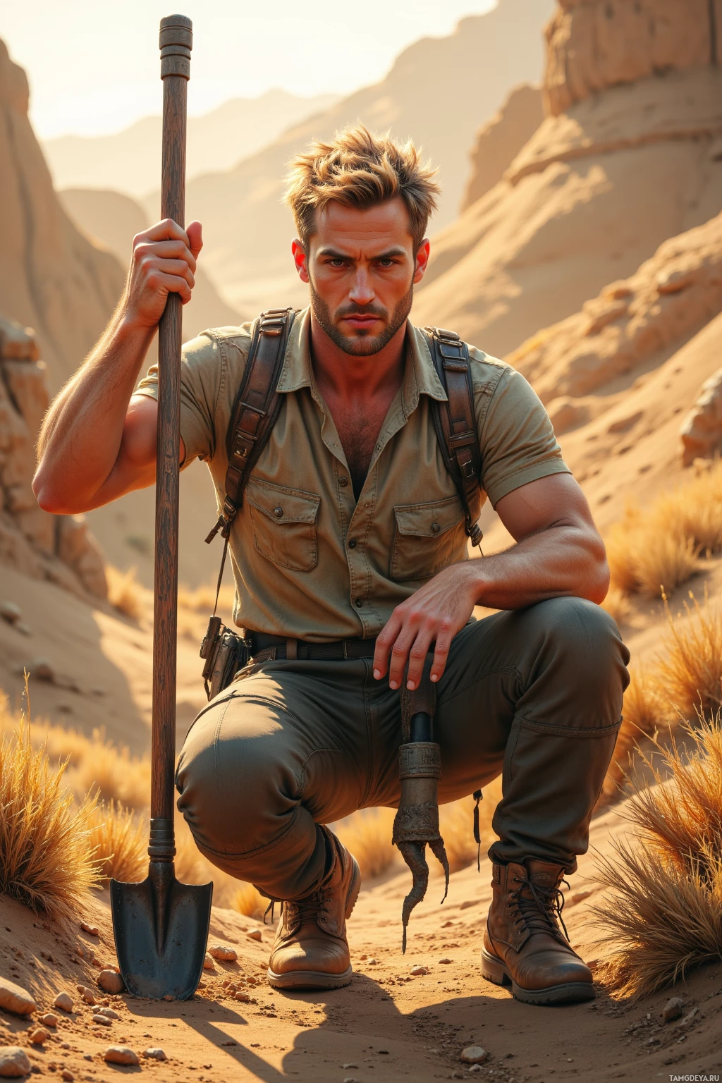 Realistic high quality photo. A muscular 30‑year‑old male paleontologist with messy blonde hair, clear blue eyes, fair skin, wearing a dinosaur‑printed rugged shirt, cargo pants, and sturdy hiking boots, kneels on a dusty ridge at dawn, holding a shovel with a single sock beside him, surrounded by faint fossilized footprints and ancient stone layers.
