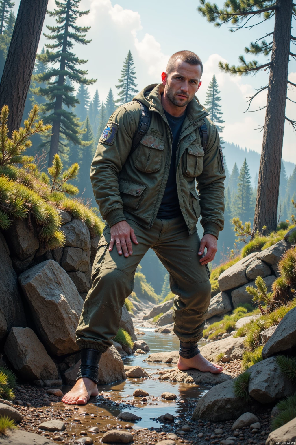 Realistic high quality photo. Male, 41, broad-shouldered with buzz cut, blue eyes, pale skin, wearing a camouflage jacket over durable pants, standing on a ridge at noon under harsh sun and wind, loose gravel beneath feet as he pulls himself up from a hidden mud‑filled ravine, barefoot breathing raw pine air amid dense pine forest.