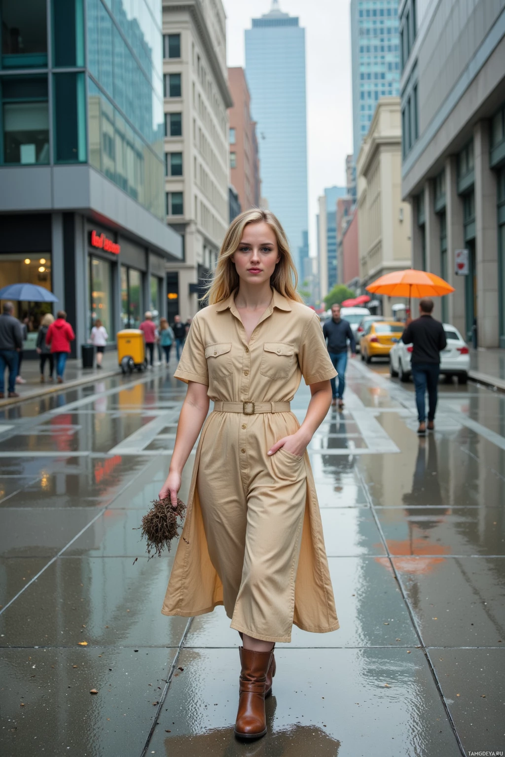 Realistic high quality photo. Female, 31, long flaxen blonde hair, pale warm‑toned skin, soft green eyes, wearing a flowing linen dress and boots, strolling along a city street beside high‑rise glass buildings, holding a pocketful of soil as a passerby offers a simple umbrella, her gentle smile reflecting the teal‑blushed sky and the quiet hum of traffic.