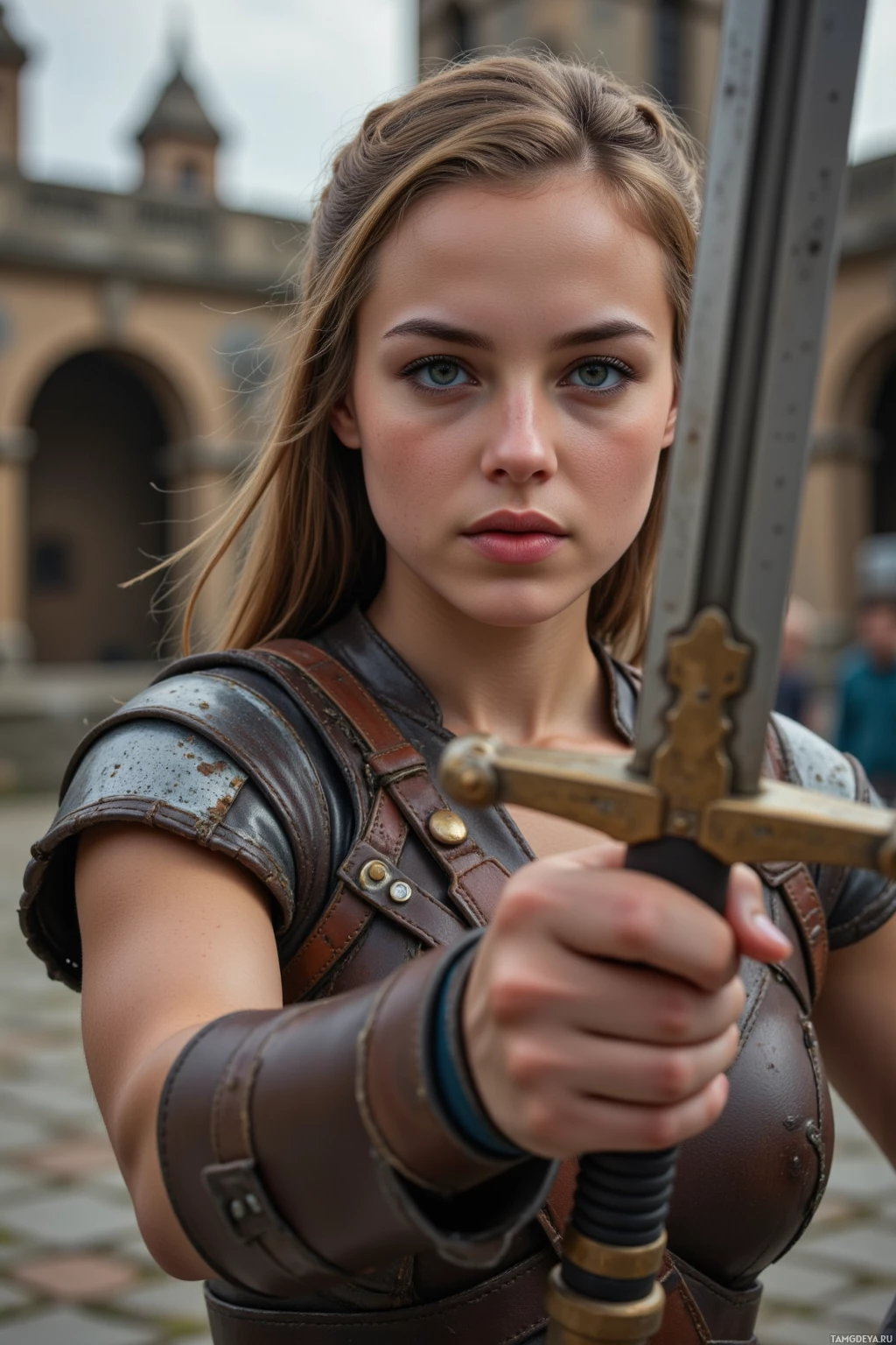 Realistic high quality photo. At dawn in an empty stone courtyard, a woman with light brown braided hair and striking blue eyes in worn tribal leather armor fiercely swings her sword, her face set with honor and determination.
