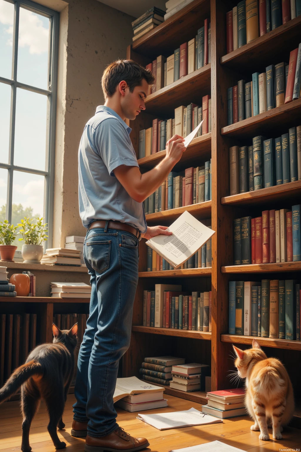 Realistic high quality photo. A 30-year-old man with short brown hair and blue eyes, wearing a casual button‑down shirt and jeans, thoughtfully arranges reference books on a wooden shelf in a sunlit study, while an indifferent cat strolls through the stacks as he mentally maps each step in his disciplined ritual.
