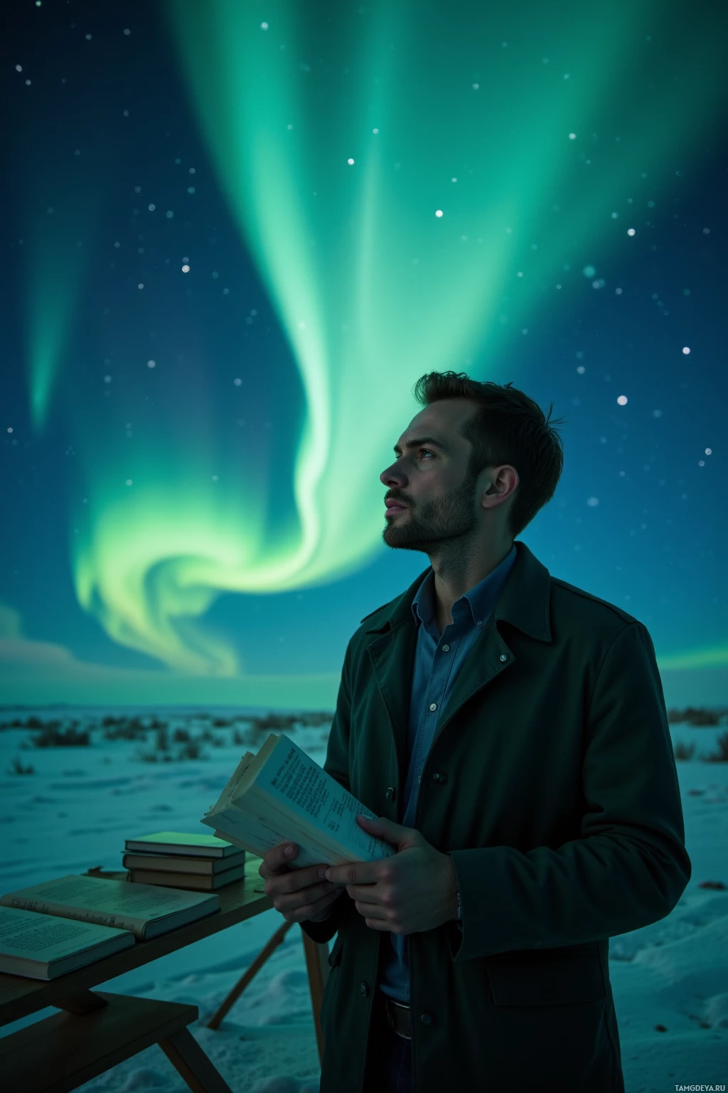 Realistic high quality photo. A 33‑year‑old male scientist with short dark brown hair, intense jade‑green eyes, wearing a sleek minimal dark green jacket over a collared shirt, stands on the flat tundra of Siberia at night, gazing up at a subtle shifting aurora in shimmering green and blue hues while holding a stack of notebooks on a wooden shelf beside him, his focused expression reflecting methodical observation.