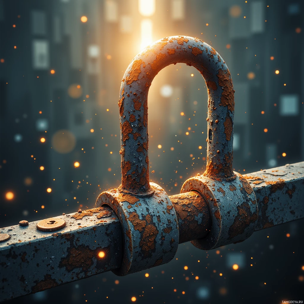 Semi-abstract image with many empty light space at center of beautiful background, that is suitable for the post:  A rusted bolt clinks against steel, a stubborn verdict that protection is forged only when pressure hits.