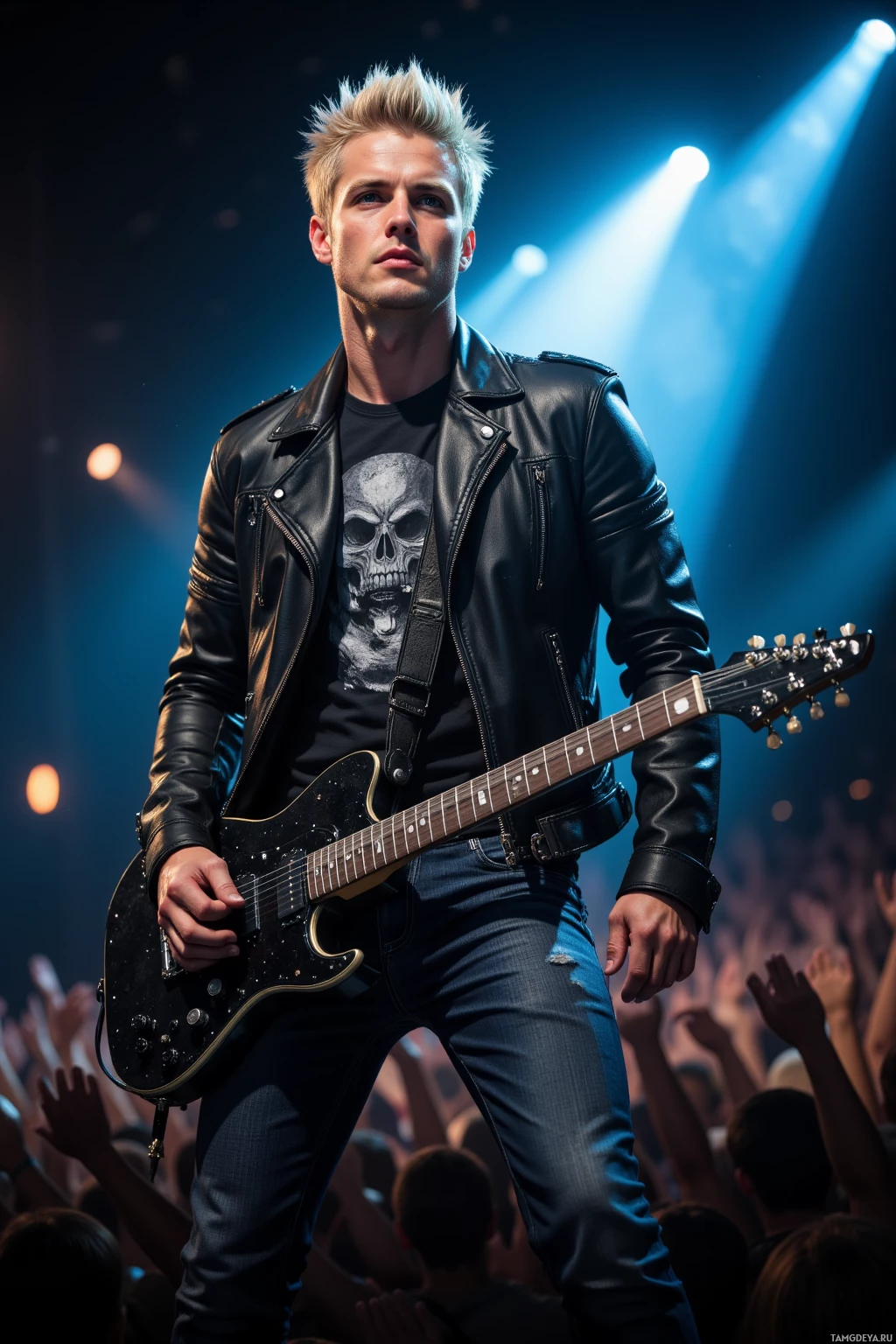 Realistic high quality photo. A 27‑year‑old male rockstar with spiky blonde hair, piercing blue eyes, fair skin, wearing a fitted black leather jacket over a dark band t‑shirt and jeans, holding an electric guitar on a dimly lit stage under intense spotlight, crowd in silhouette cheering, night‑time concert atmosphere.