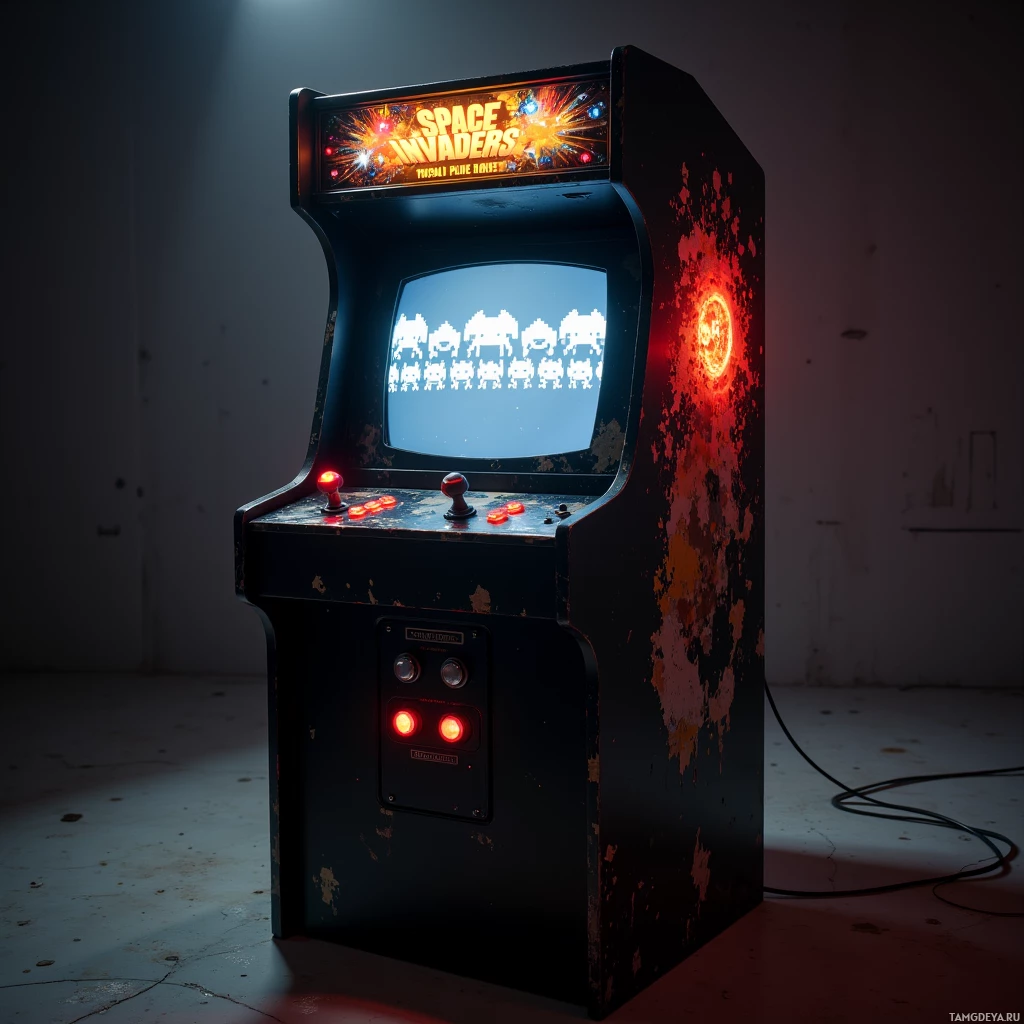 Semi-abstract image with many light, that is suitable for the post:  Black, heavily chipped 1985 Space Invaders arcade cabinet with matte black plastic shell, a glowing 12‑inch CRT screen rendering grayscale alien invader sprites, a small 6‑inch red LED score counter at the front, and an exposed cluster of 12 metal speakers beneath the cabinet.